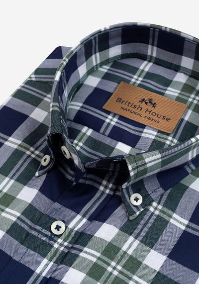 Jet Navy Green Checked Herringbone Shirt