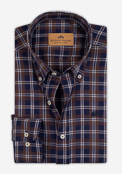 Deep Navy Brown Checked Twill Shirt