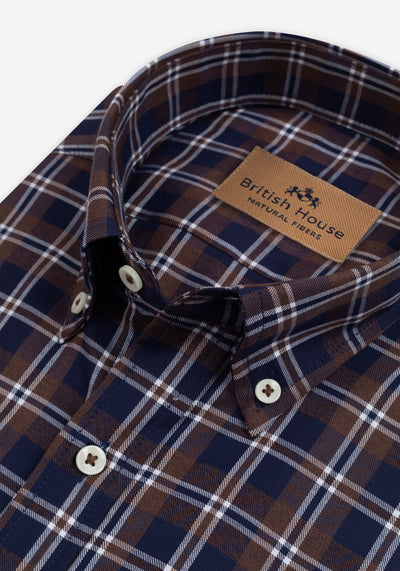 Deep Navy Brown Checked Twill Shirt