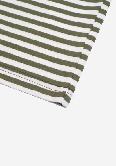 Army Green Stripe Cotton Polo Shirt - Long Sleeve