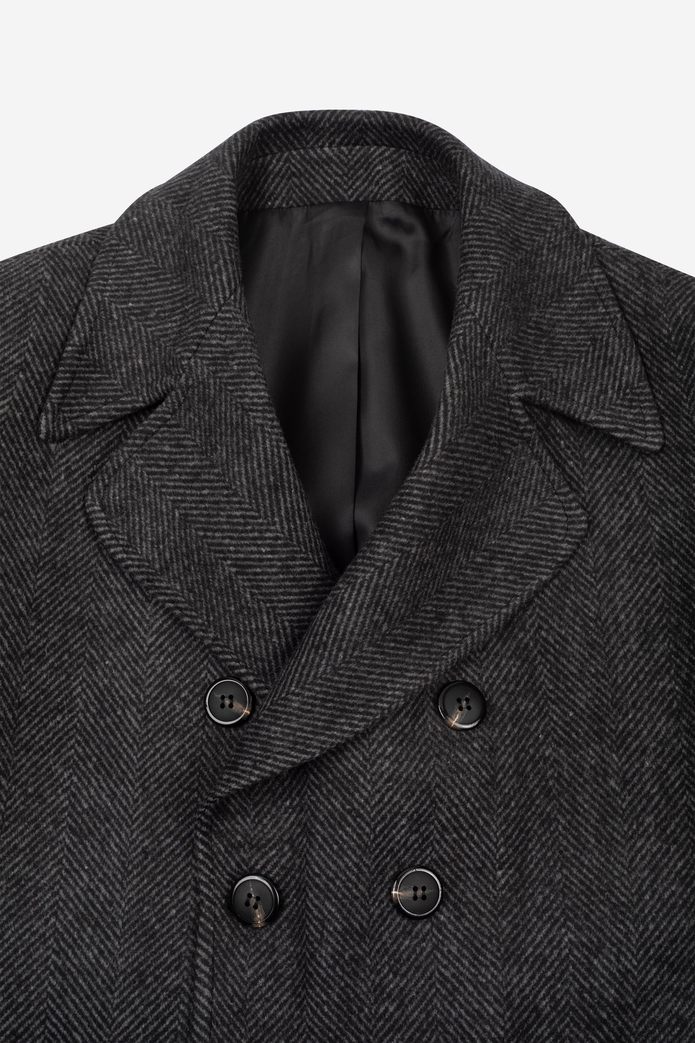 Charcoal Black Double-Breasted Herringbone Coat