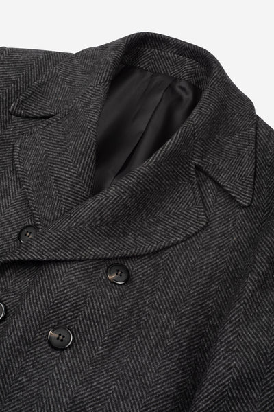 Charcoal Black Double-Breasted Herringbone Coat