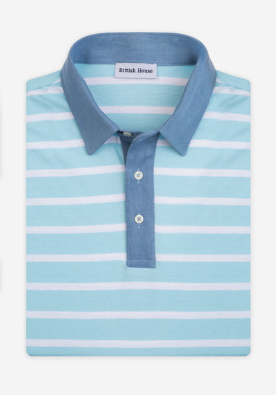 Coastal Blue Stripe Cotton Polo Shirt - Long Sleeve