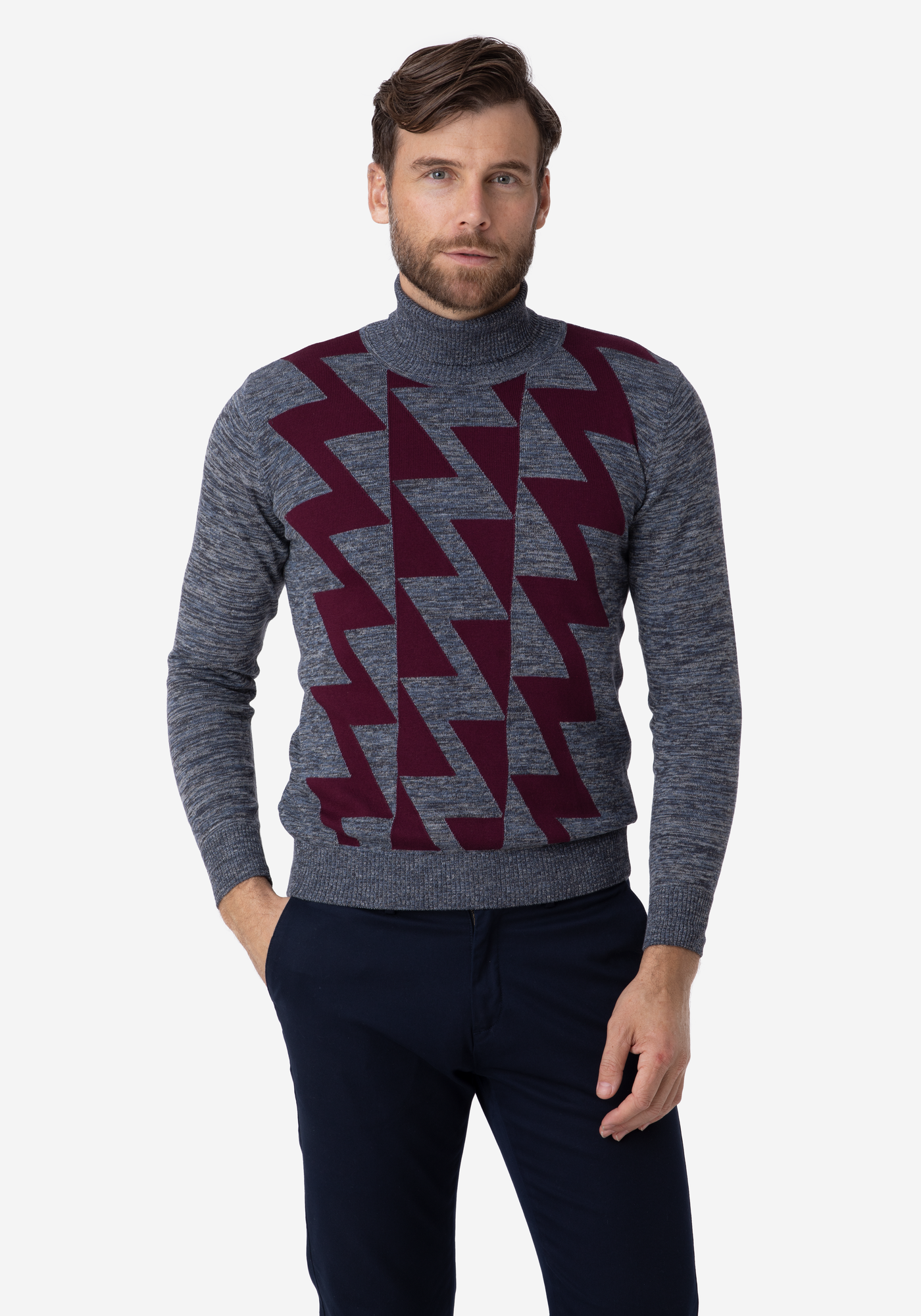 Grey Maroon Lightning Turtle Neck Pullover